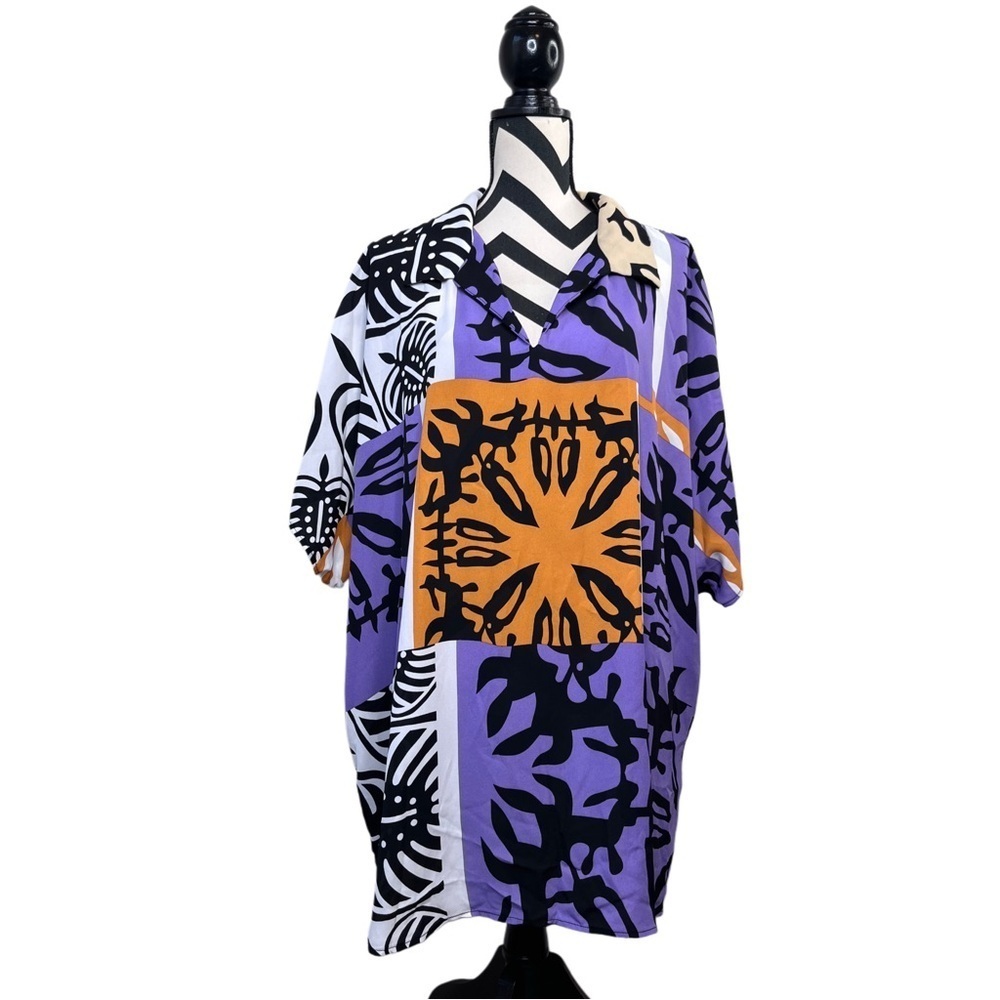NWT Ashley Stewart Sz 26/28 Multi-print Short-Sleeve Collard Tunic Top